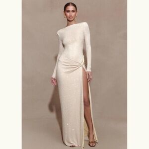 Meshki Gold Rhinestone Long-Sleeve Maxi Dress with High Side Slit
